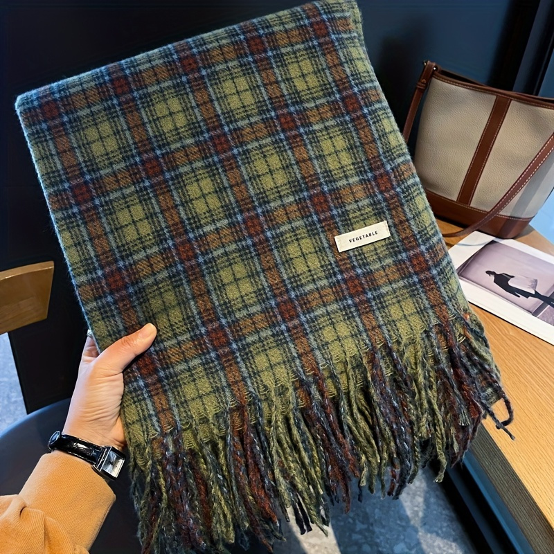 Cashmere Scarf Wrap - Vintage Grün Plaid Quaste Schal Frauen