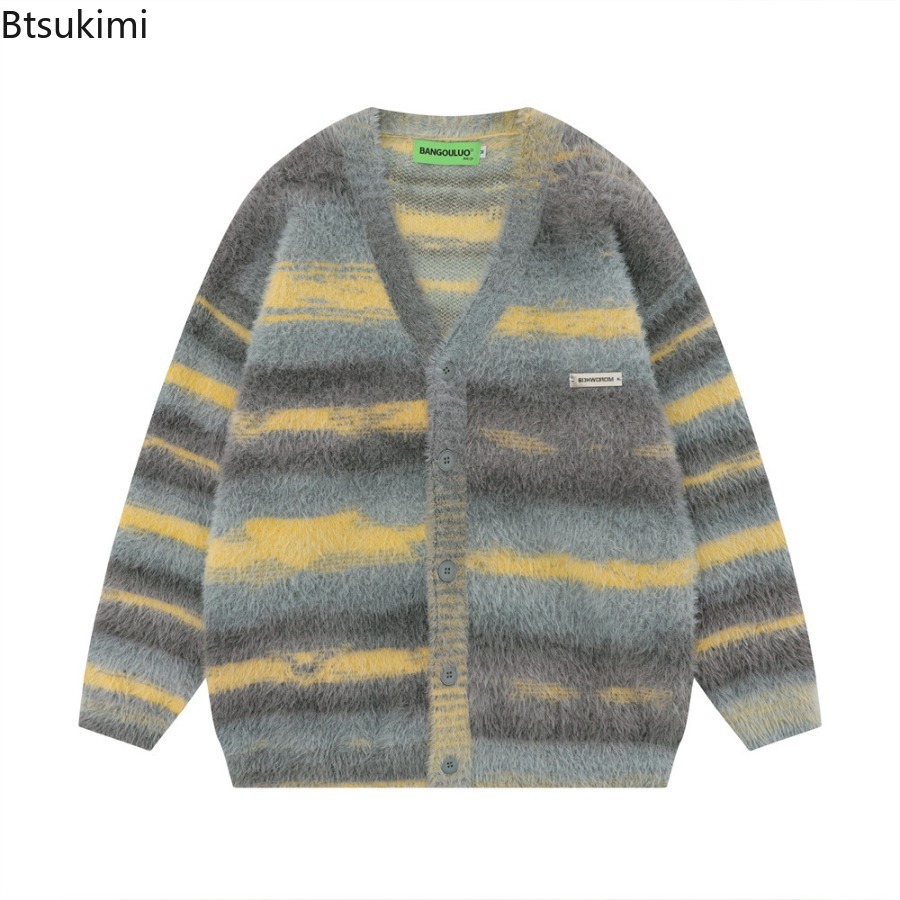 Yellow Winter Clothing - Gelb gestreifte, verdickte Strickjacke für Herren,