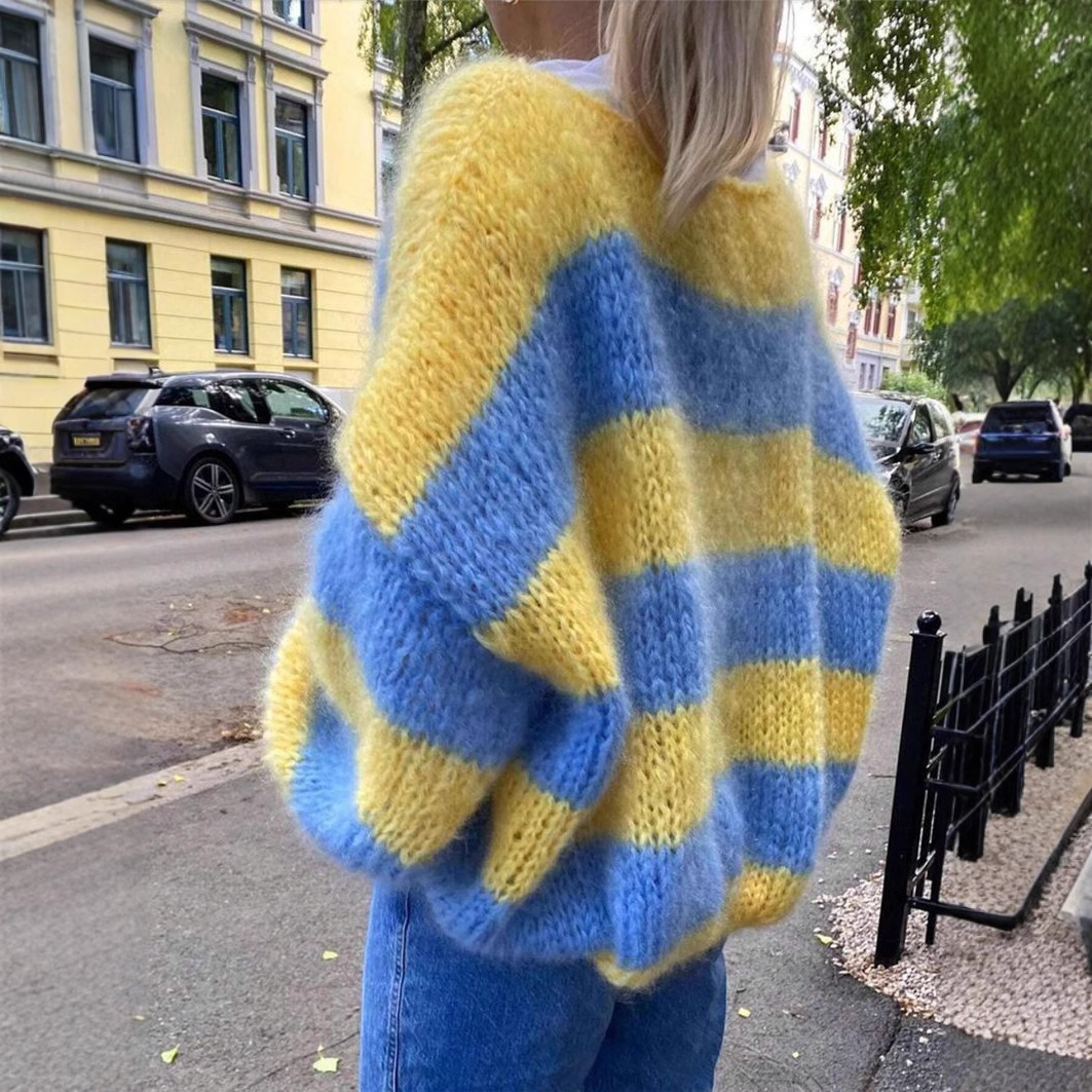 Yellow Winter Clothing - Lässiger Blau-Gelb Gestreifter Strickpullover für Damen